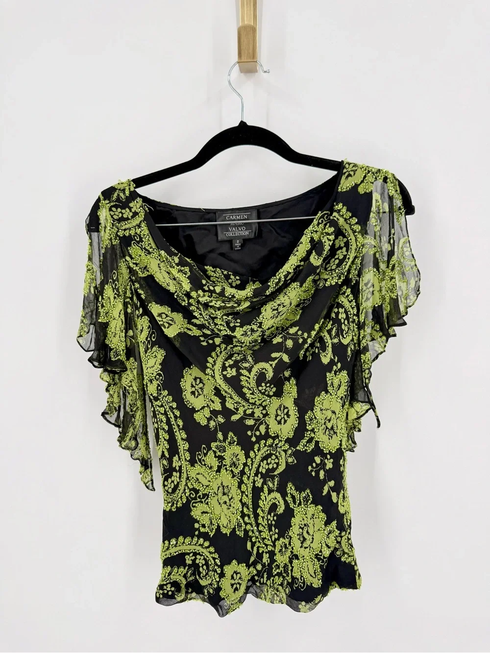 Carmen Marc Valvo Collection Sheer Paisley Mesh Cowl Neck Top Black Green - Picture 2 of 8